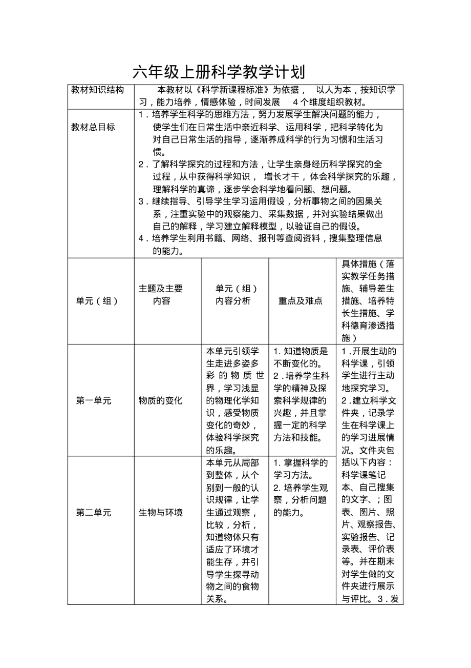 (完整版)粤教版六年级上册科学教学计划_第1页