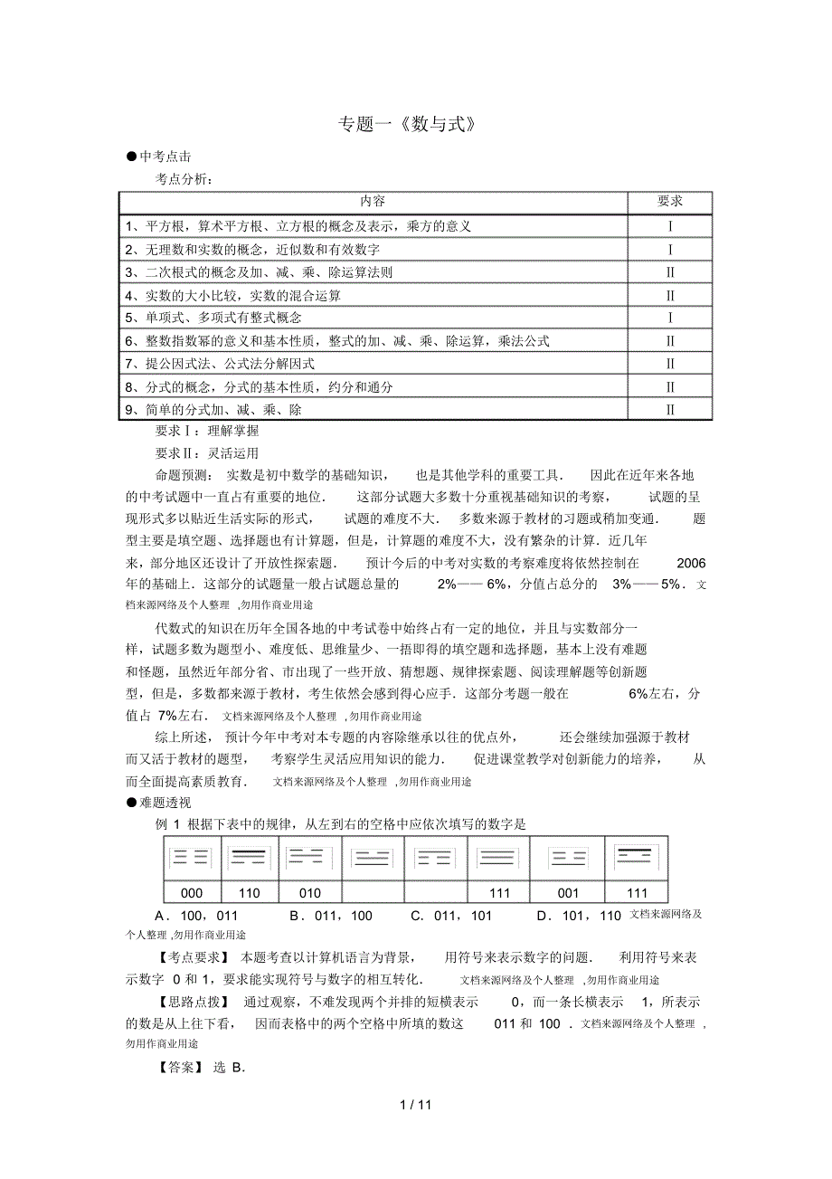 数学中考复习专题解析及测试专题《数与式》_第1页