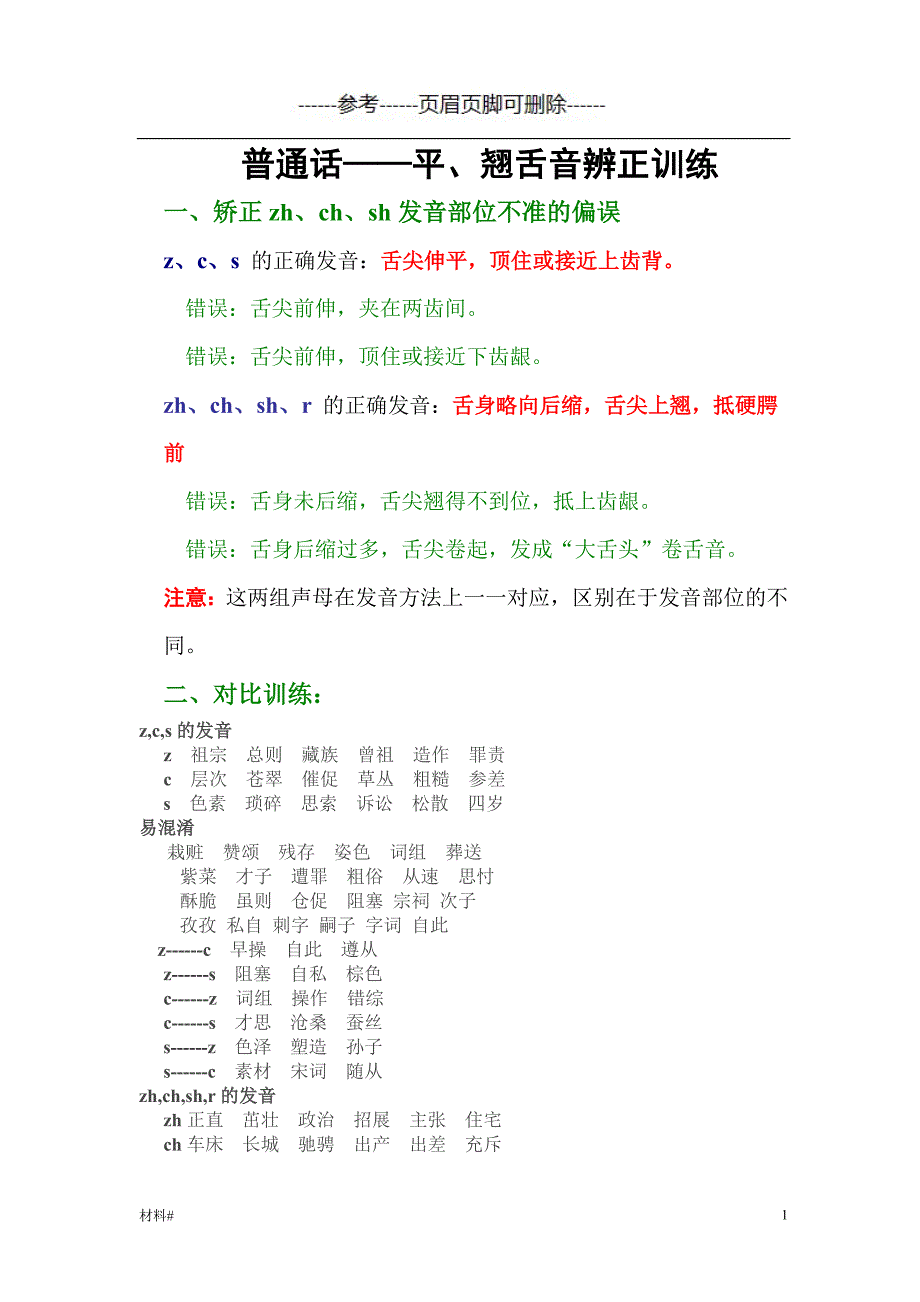 普通话——平翘舌练习（详细资料）_第1页