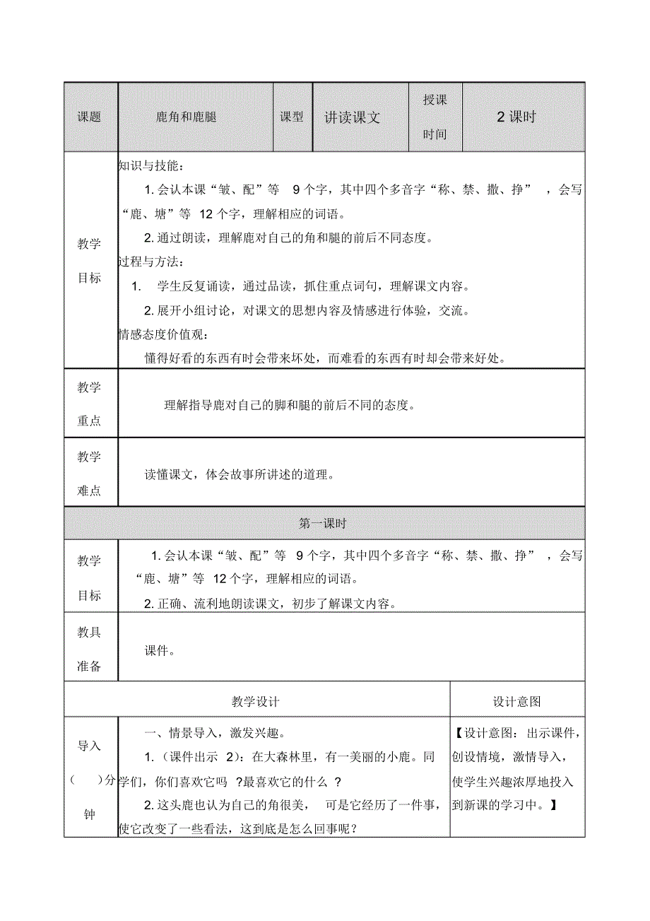 部编人教版三年级语文下册《7鹿角和鹿腿》教案含教学反思和作业设计_第1页