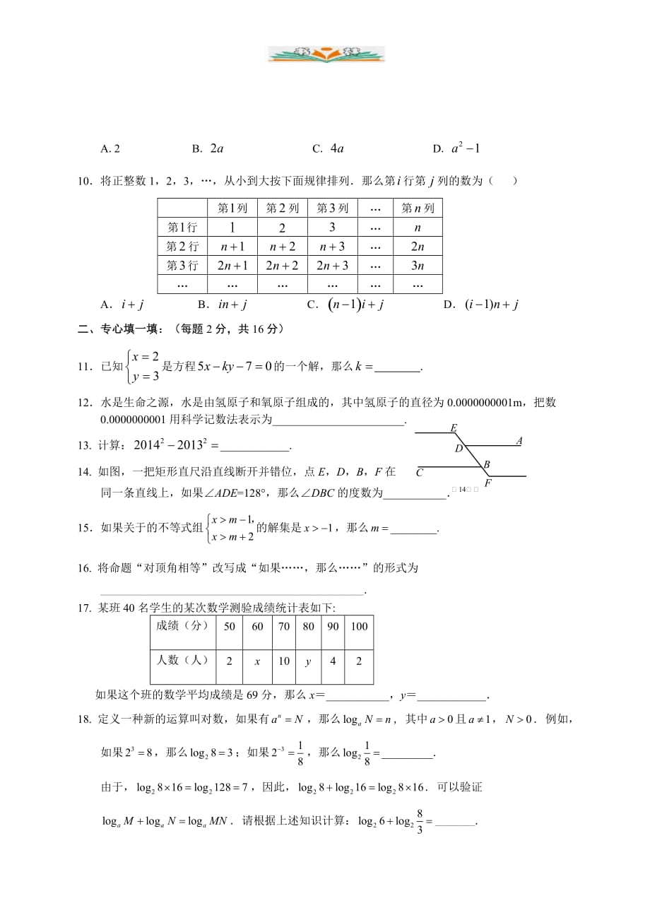 人教版七年级数学下册期末试题及答案-好用_第2页