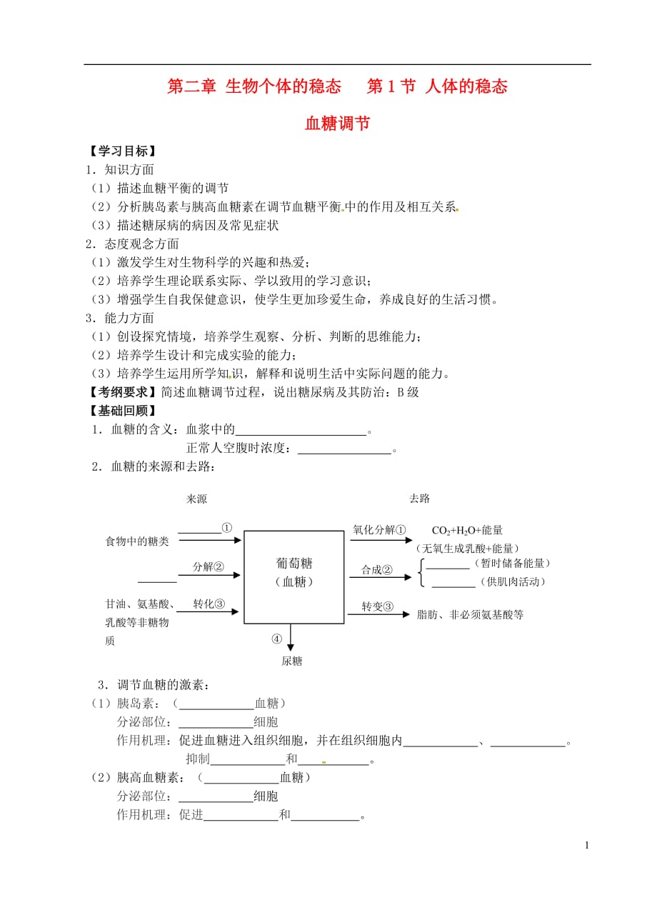 江苏省高邮市送桥中学高中生物 第二章 第一节 血糖调节学案（无答案）苏教版必修3_第1页