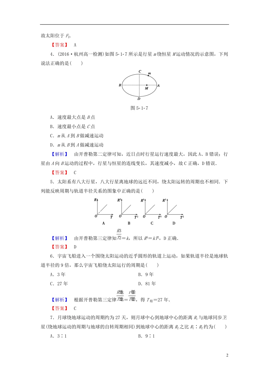 高中物理第5章万有引力与航天5.1从托勒密到开普勒学业分层测评沪科必修2_第2页