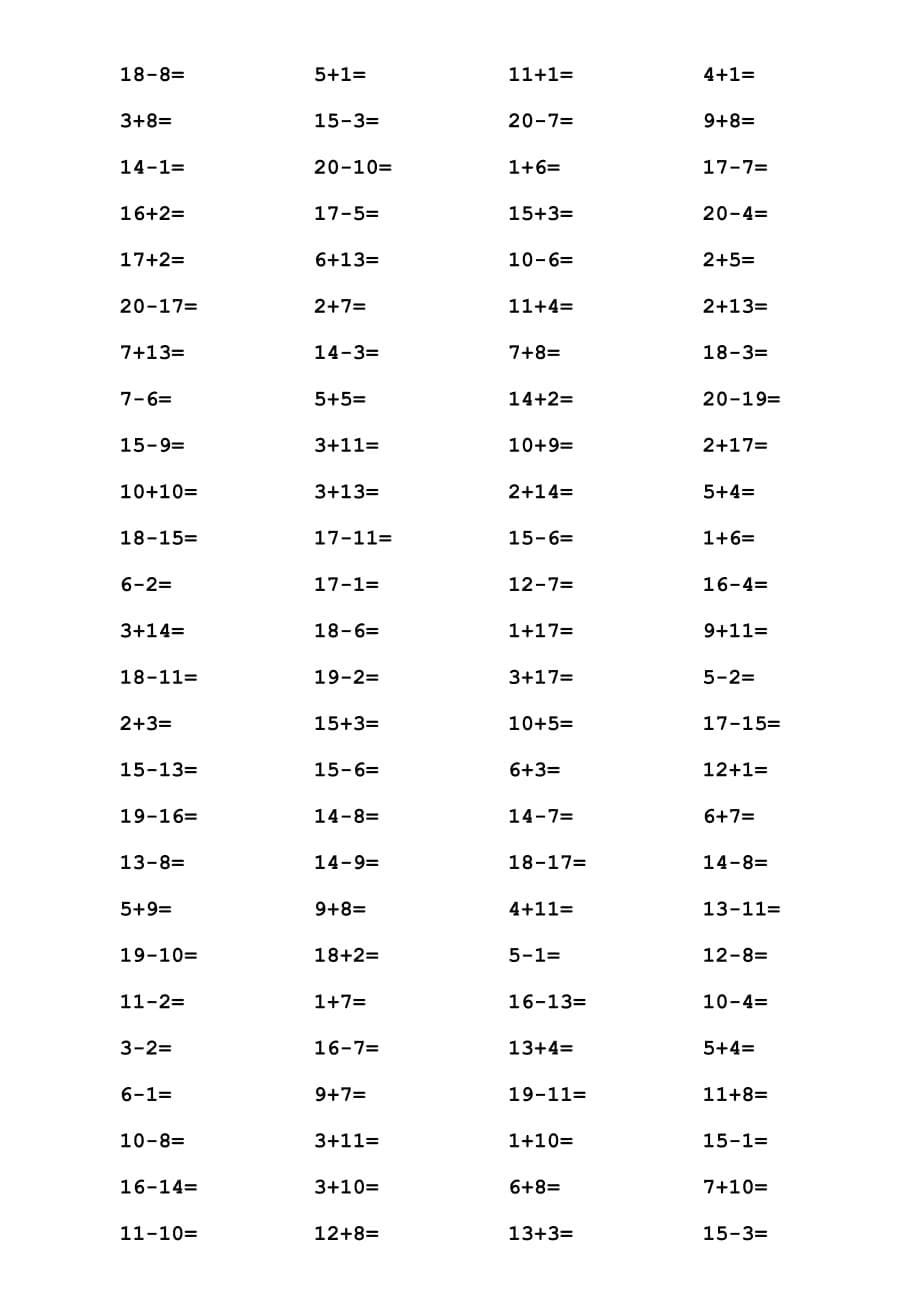 一年级20以内加减法口算题-A4直接打印-每页100道-编排整齐_第5页