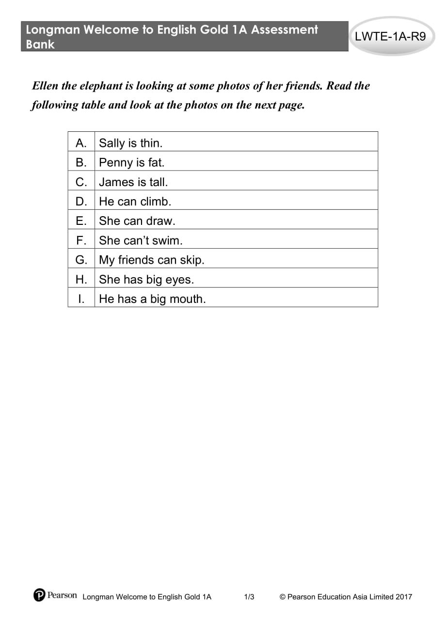 少儿英语--技能评测表Skills Assessment---LWTE-1A-R9_第1页