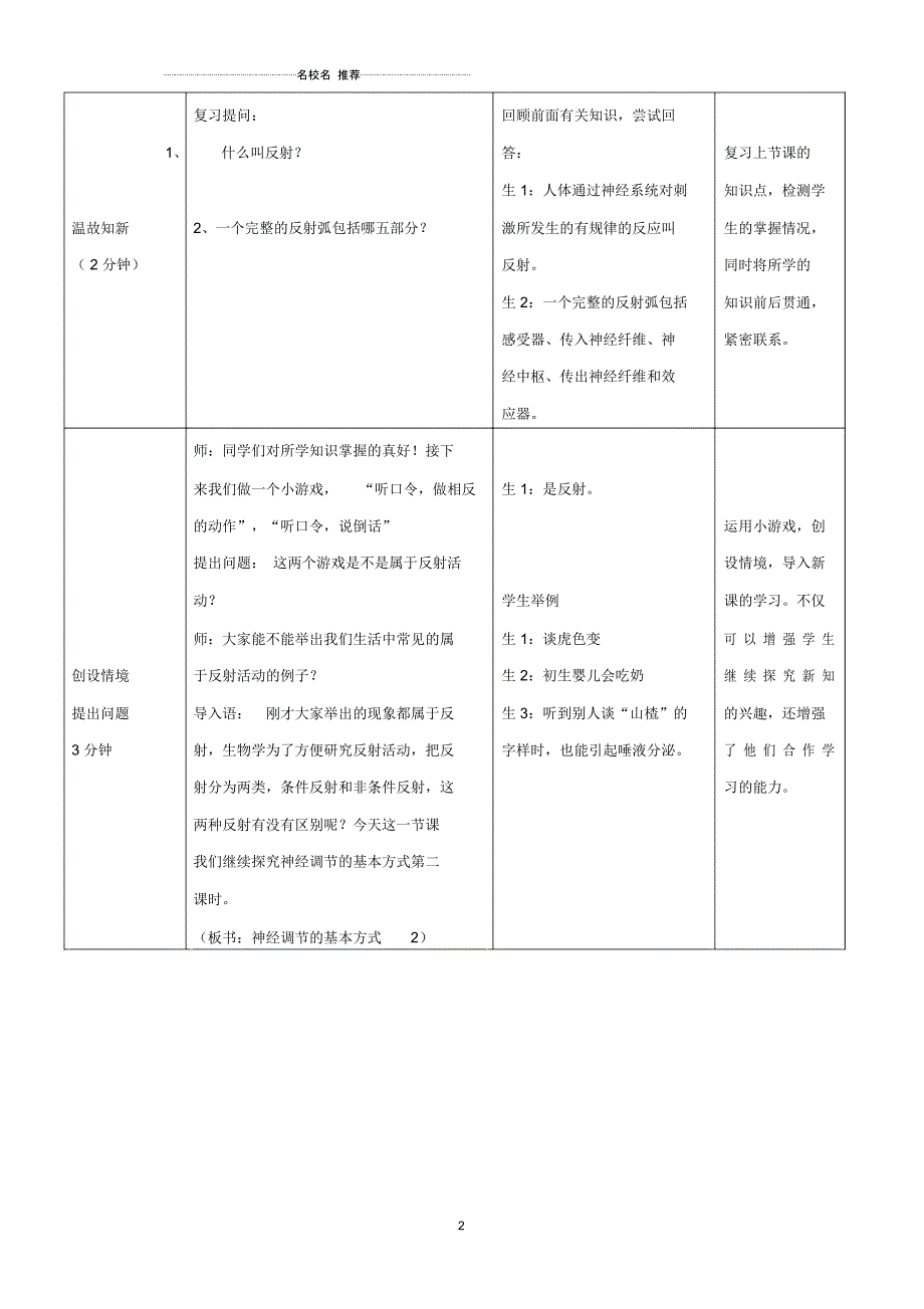 初中七年级生物下册第3单元第5章第3节神经调节的基本方式(第2课时)名师精选教案1(新版)济南版_第2页