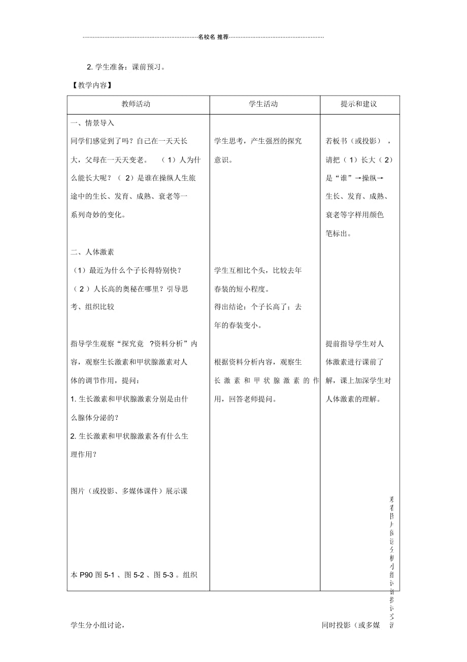 初中七年级生物下册第五章第一节《激素与生长发育》名师精选教案(新版)冀教版_第2页