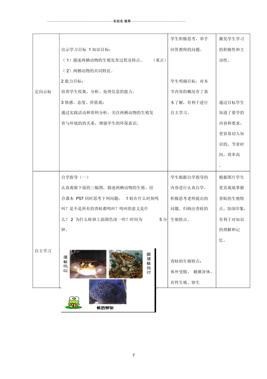 初中八年级生物上册4.2.2两栖动物的生殖和发育名师精选教案1新版济南版_第2页