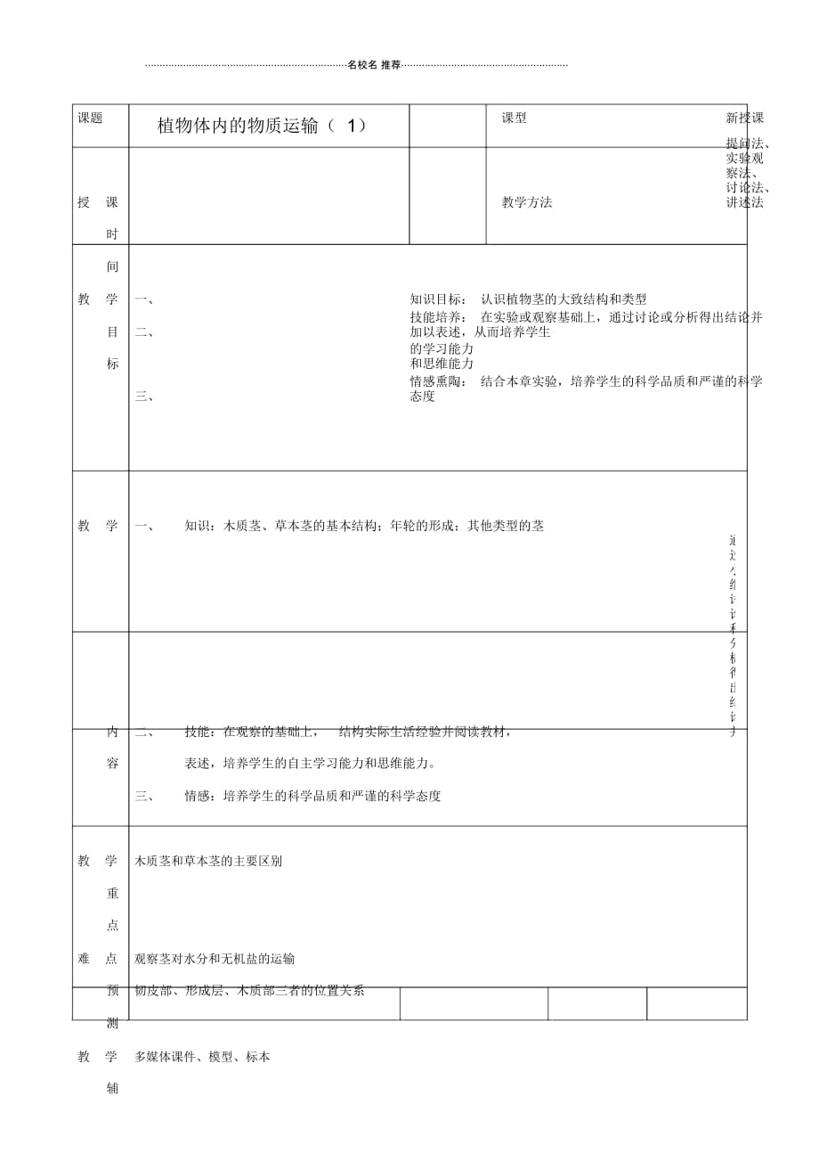 初中七年级生物下册5.1《植物体内的物质运输》(第1课时)名师精选教案北京课改版_第1页