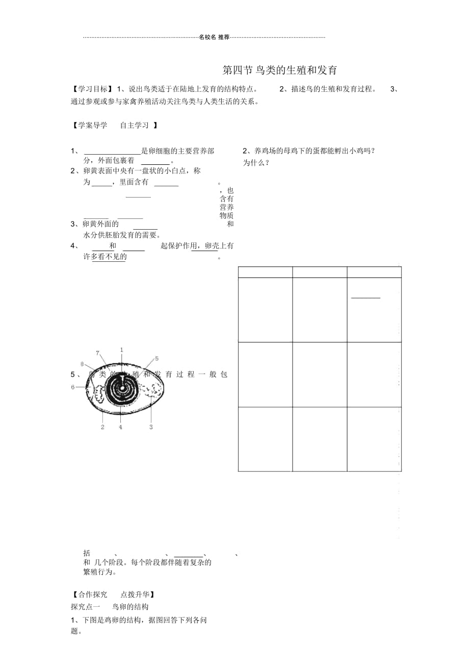 八年级生物下册第七单元第一章第四节鸟的生殖和发育名师精编学案(无答案)新人教版_第1页