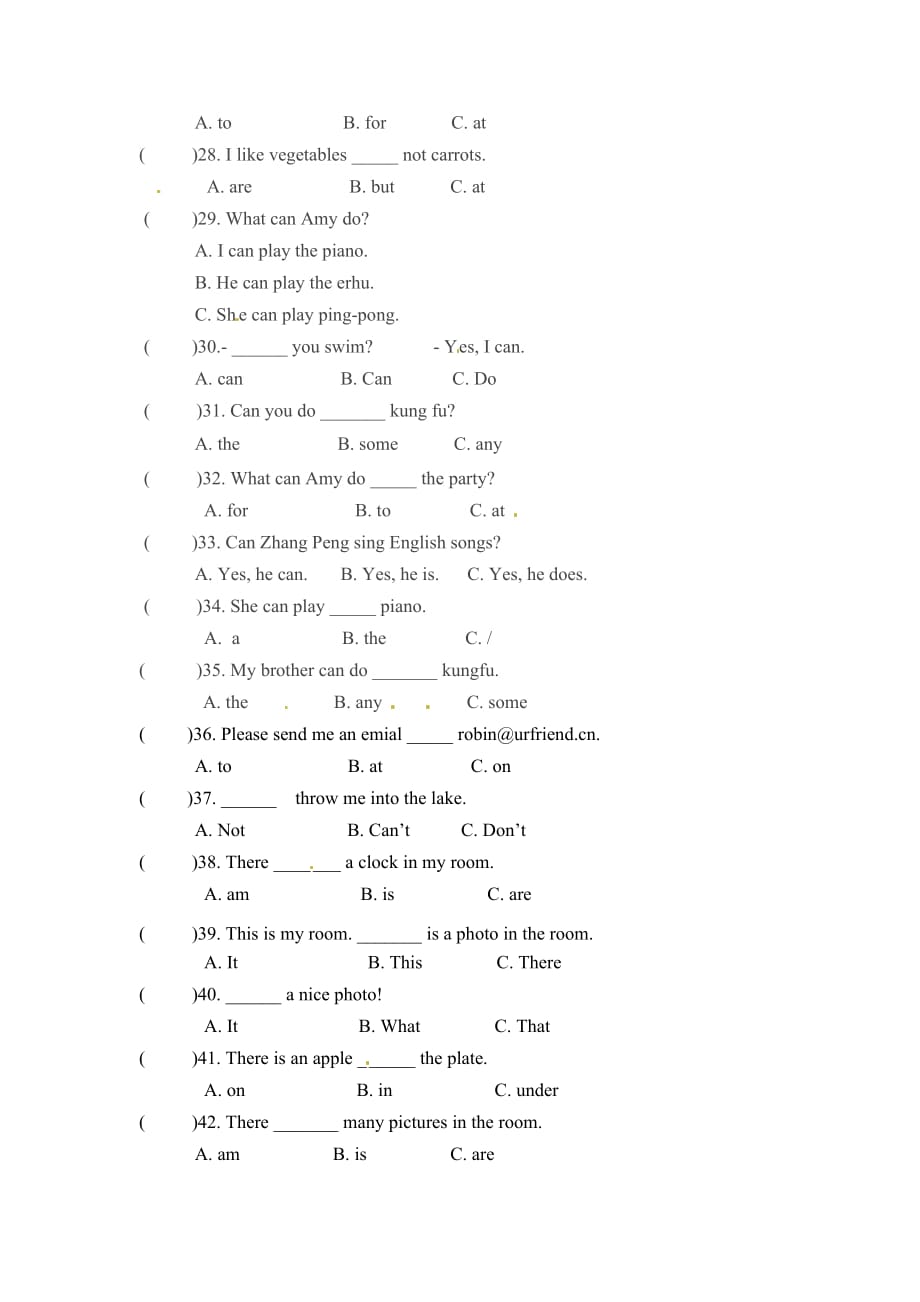 五年级上册英语期末专项卷-单选 人教PEP（word版含答案）_第3页