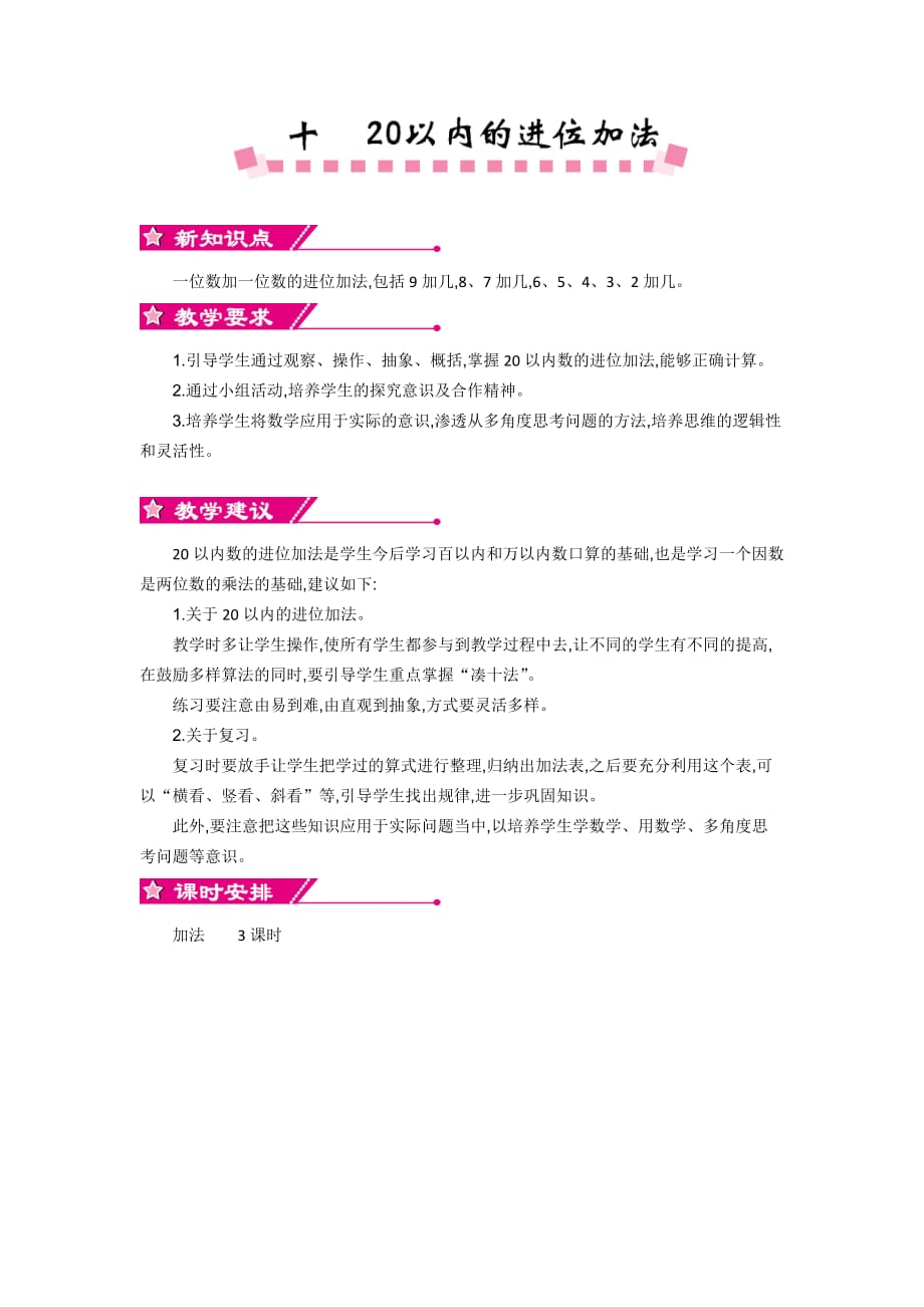 苏教版数学一年级上册教案第10单元 20以内的进位加法单元概述和课时安排_第1页