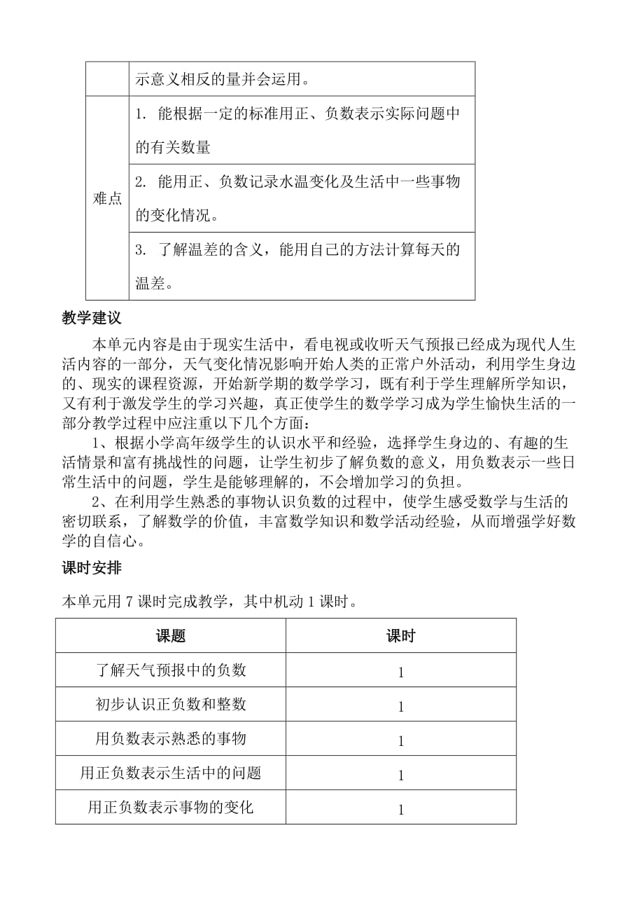 冀教版数学六年级下册教案第一单元生活中的负数单元概数与课时安排_第3页