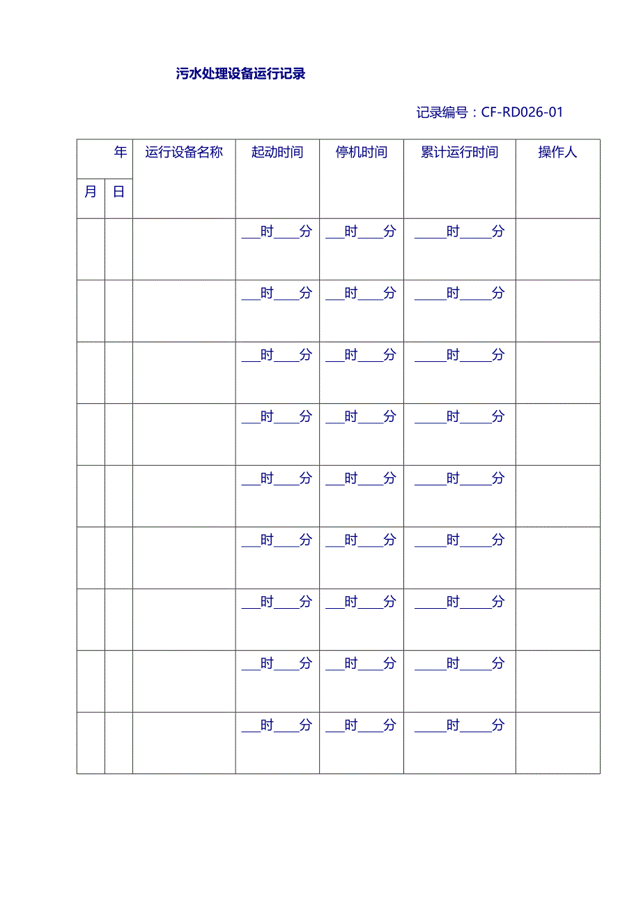 制药 厂房设施记录：污水处理设备运行记录_第1页