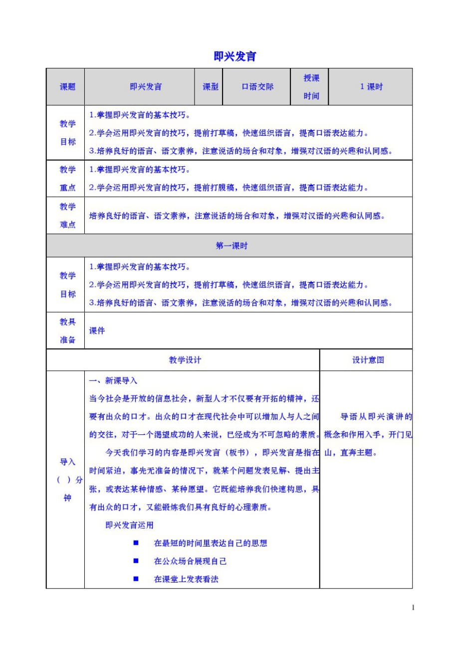 (精品)六年级下册语文教案-第四单元口语交际：即兴发言部编版_第1页