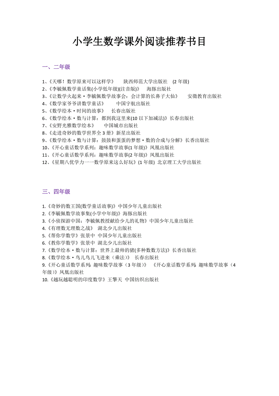 新人教 数学4年级适合小学生的数学类课外书籍_第1页