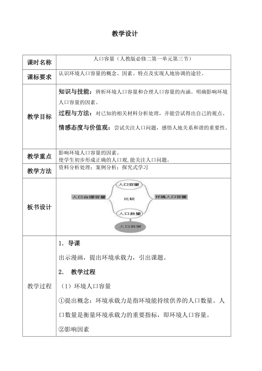 （精选）高中地理必修一《人口的合理容量》教学设计_第1页