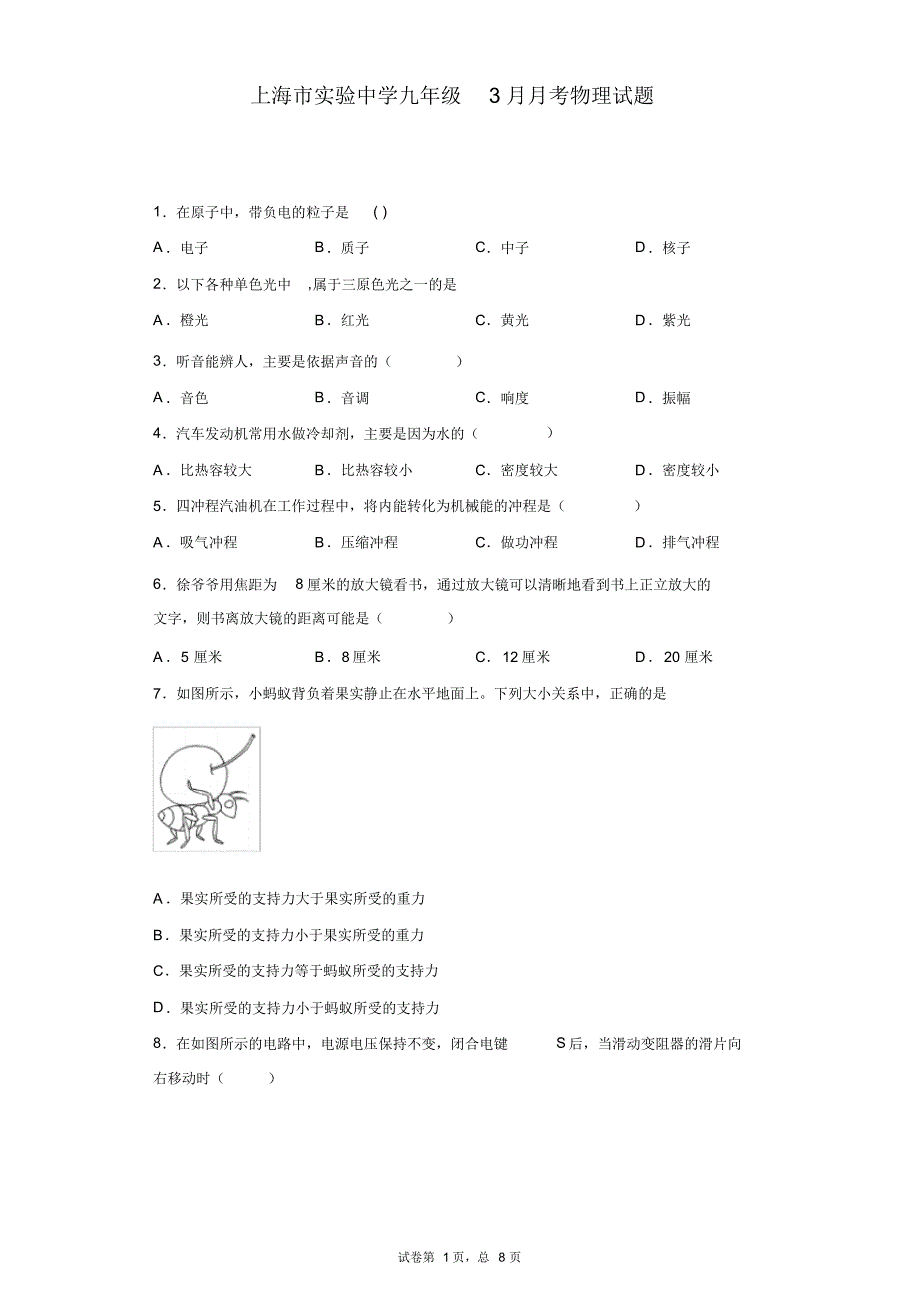 上海市实验中学九年级3月月考物理试题_第1页