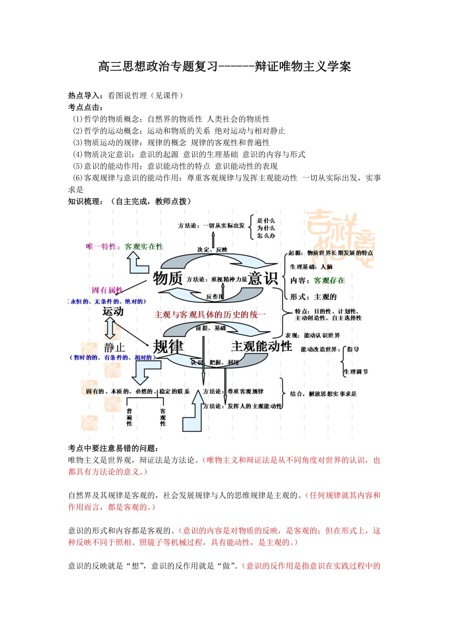 （精选）高三思想政治专题复习------辩证唯物主义学案_第1页