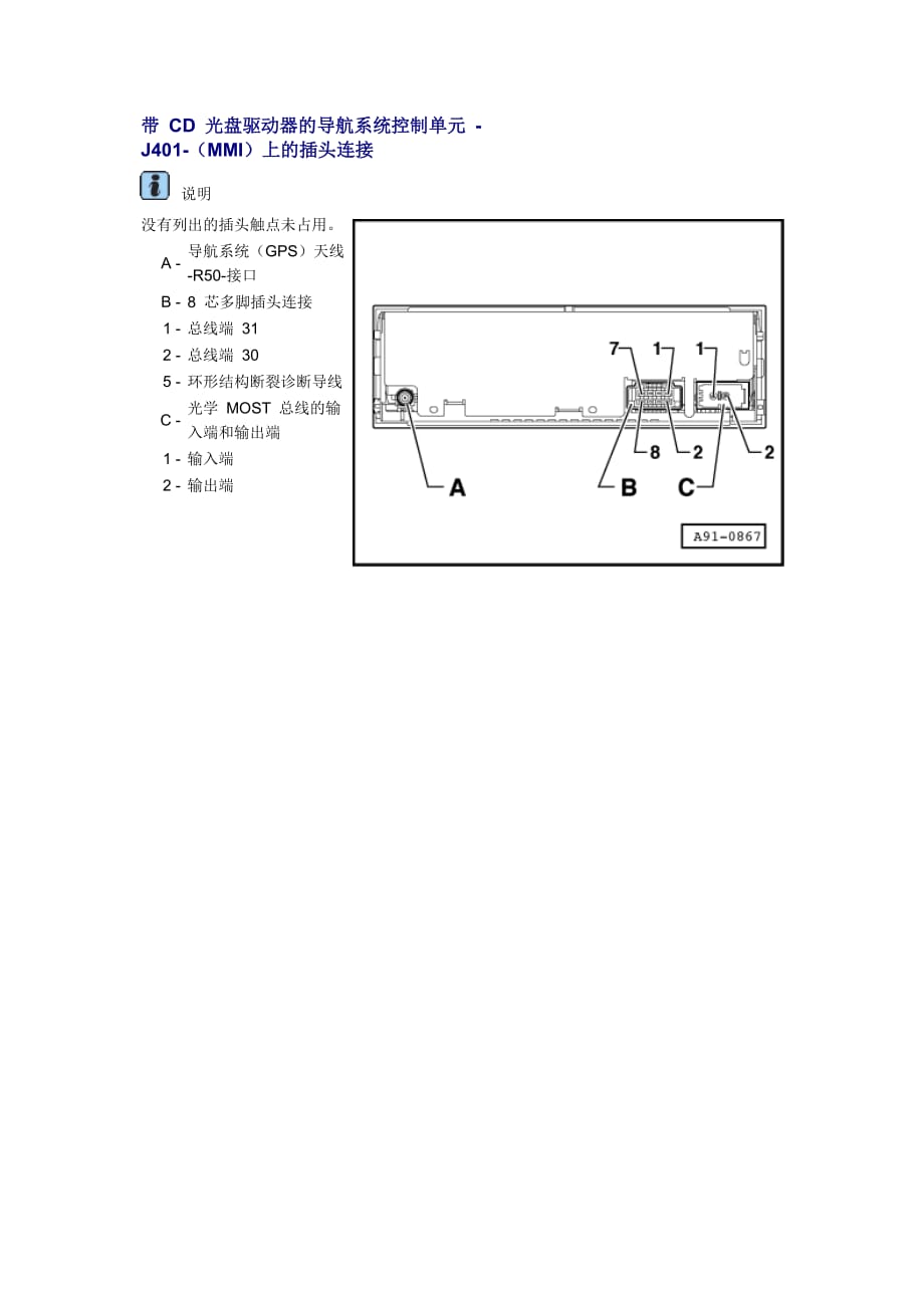 新奥迪A6L C6维修资料：带 CD 光盘驱动器的导航系统控制单元 -J401-（MMI）上的插头连接_第1页