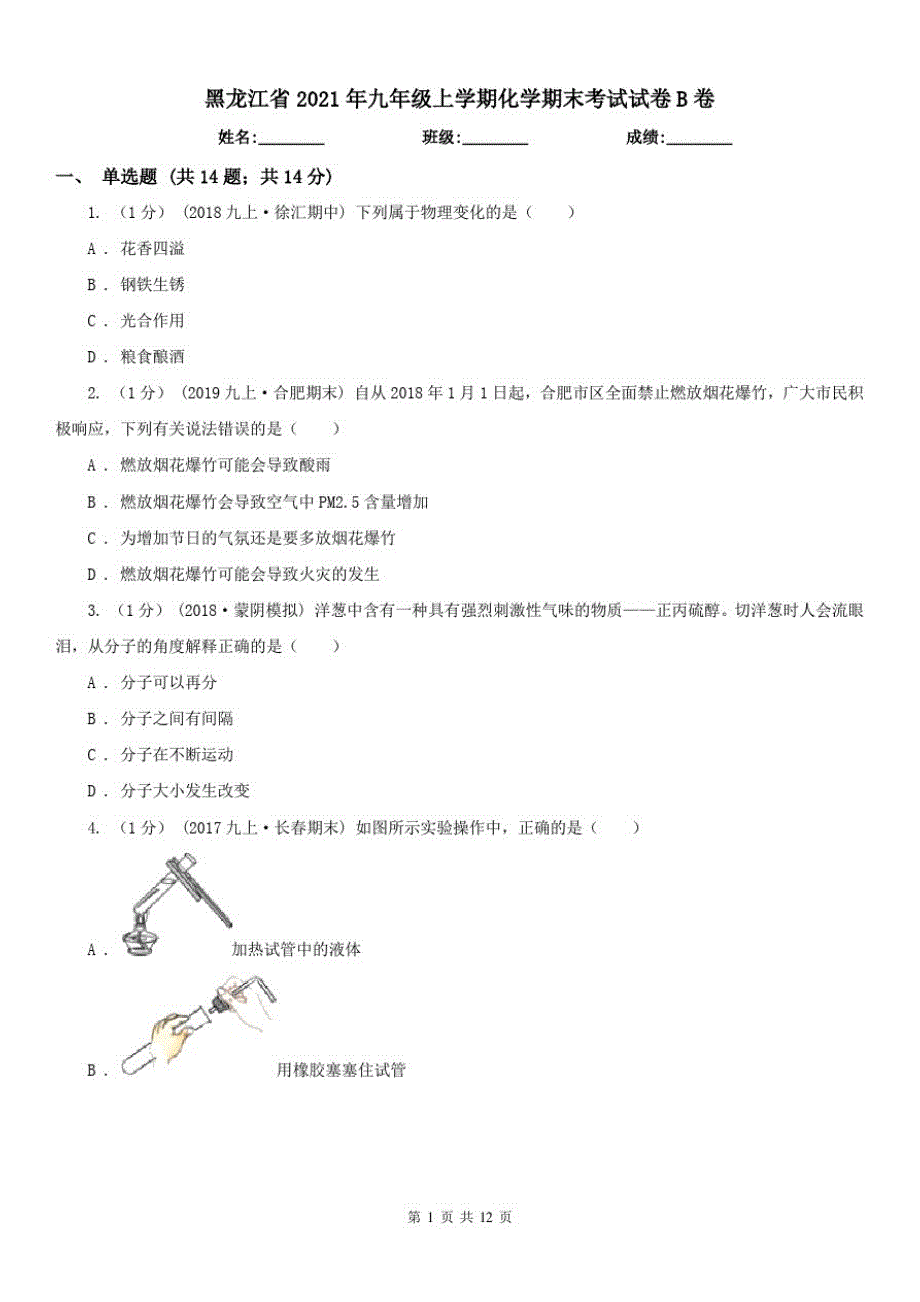 黑龙江省2021年九年级上学期化学期末考试试卷B卷(模拟)_第1页