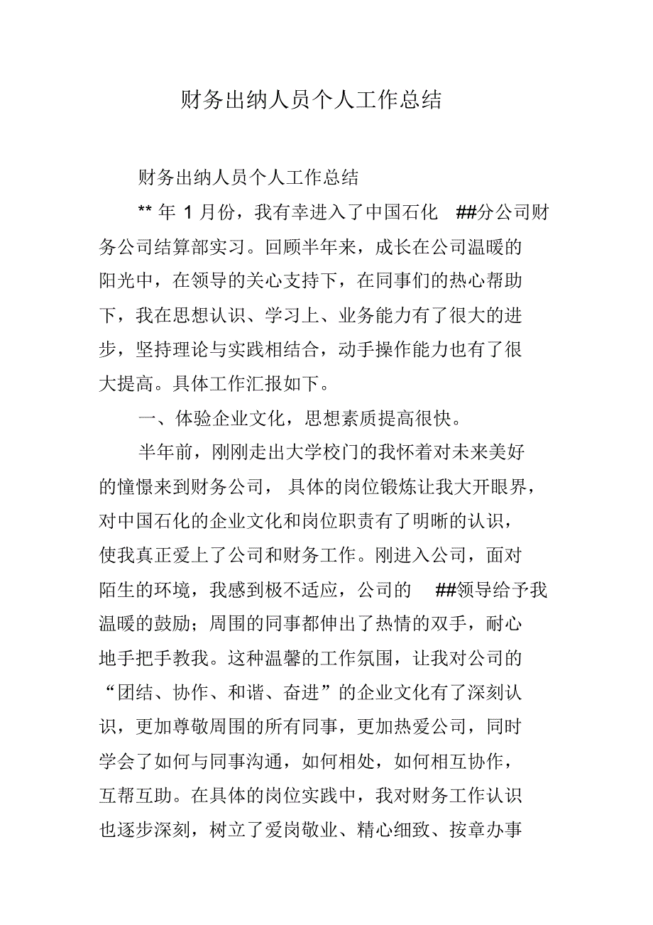 财务出纳人员个人工作总结 新编写_第1页