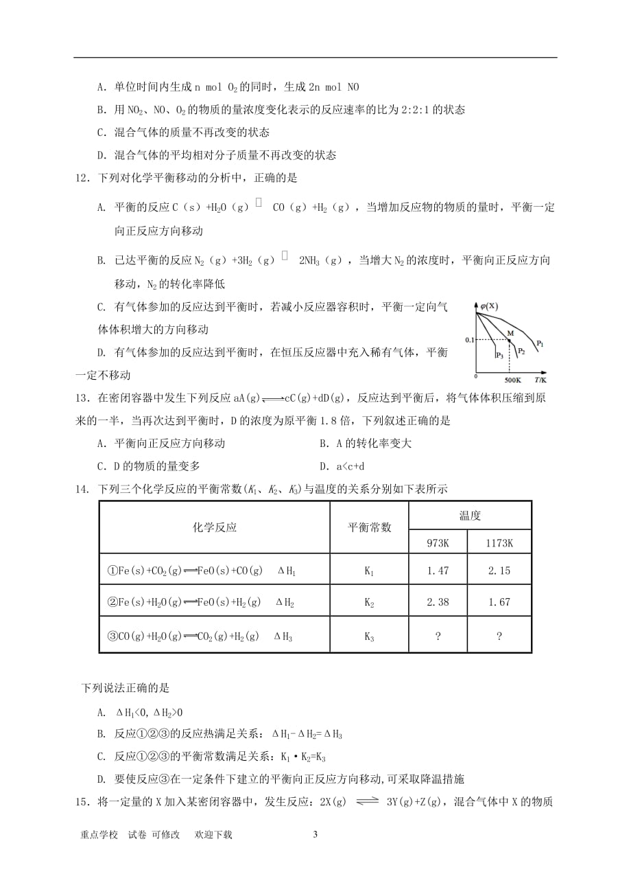 贵州省2021-2021学年高二化学上学期期中试题 理_第3页