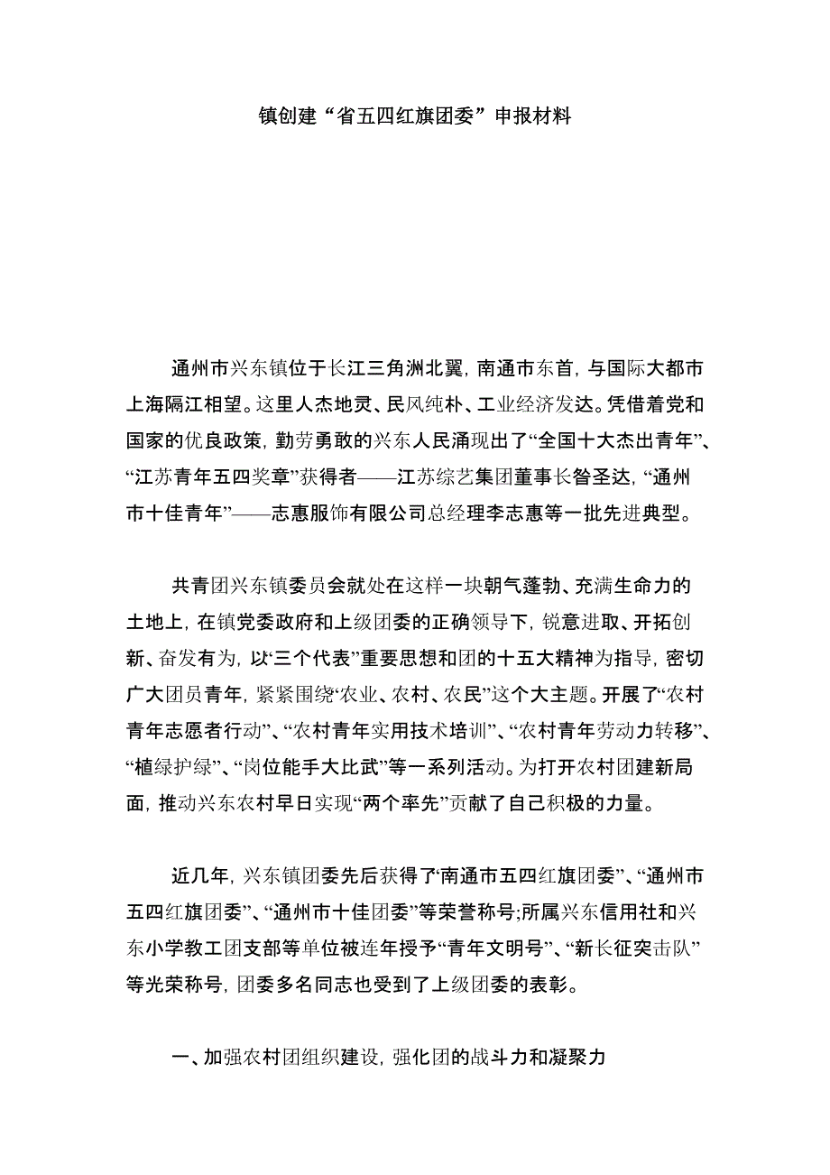 镇创建“省五四红旗团委”申报材料总结报告模板_第1页