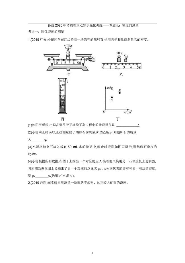 2021中考物理重点知识强化训练——专题九：密度的测量