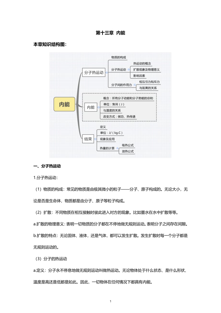 人教版九年级物理知识点总结：第十三章内能_第1页