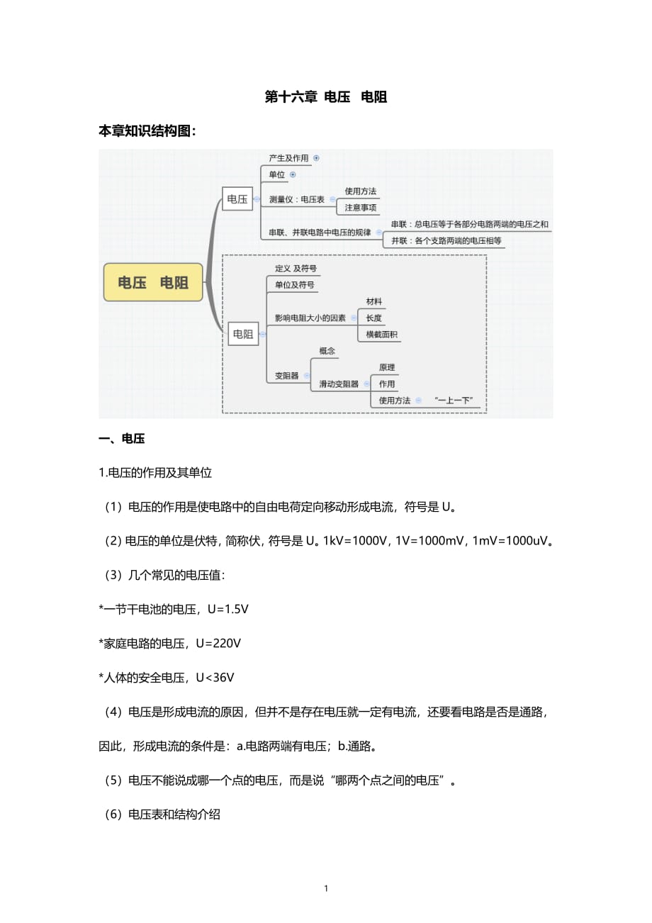 人教版九年级物理知识点总结：第十六章电压 电阻_第1页