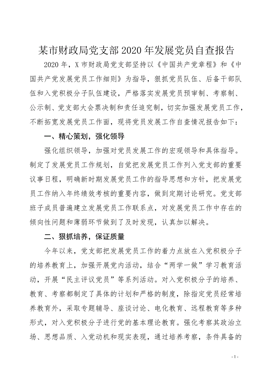 某市财政局党支部2020年发展党员自查报告_第1页