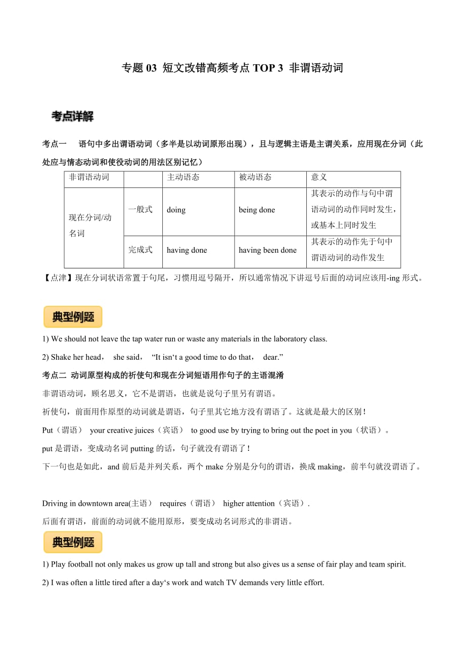 2020年高考英语专题03 短文改错高频考点TOP 3 非谓语动词（原卷版）_第1页