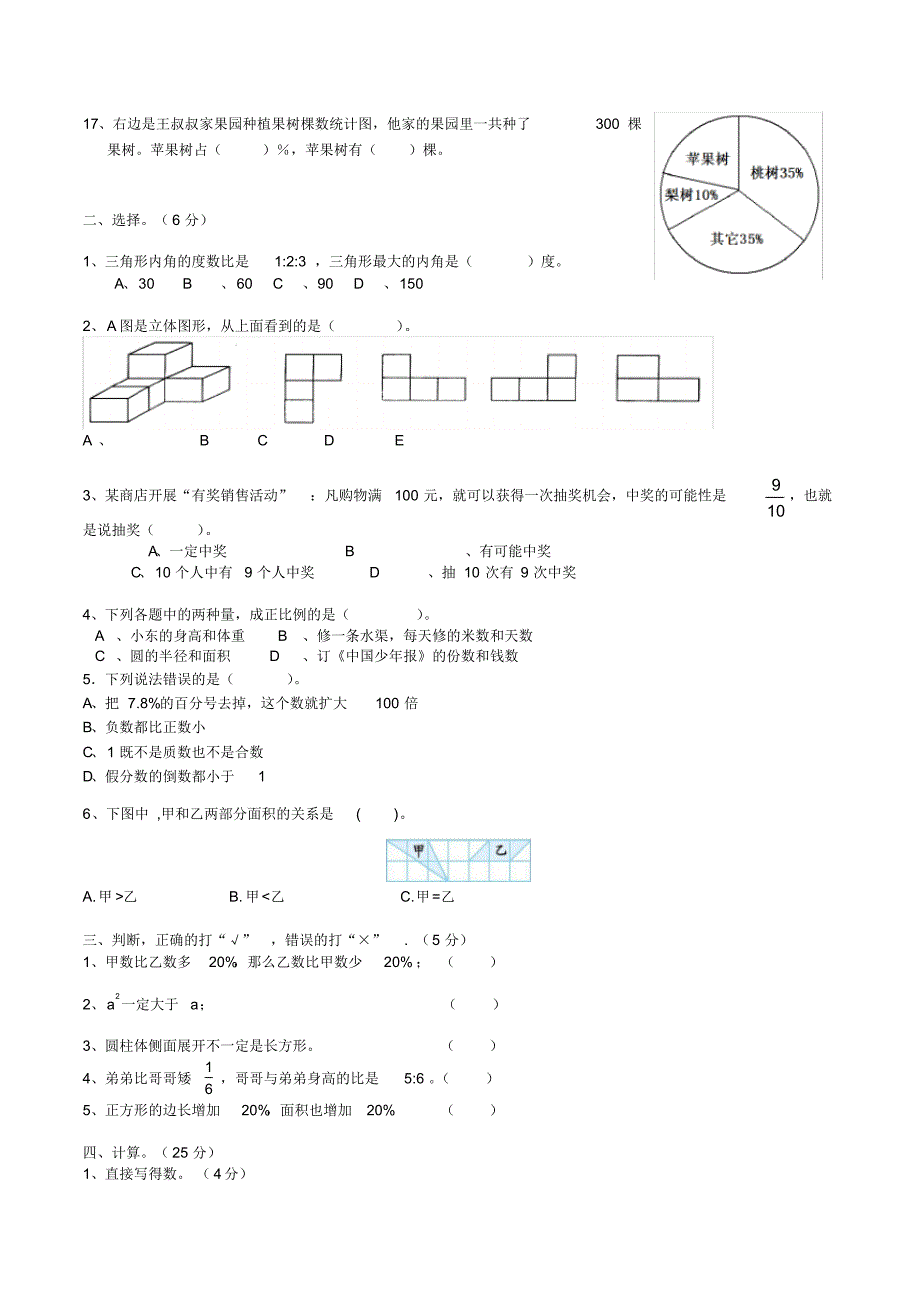 人教版六年级下学期数学小升初测试卷(附答案解析)_第2页