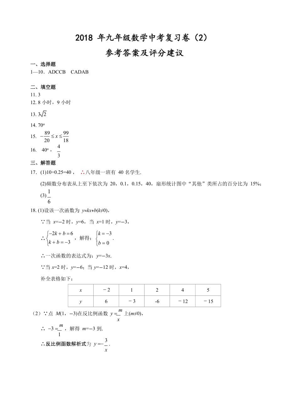 浙江省杭州地区2018届九年级中考复习（2）数学参考答案及评分建议.docx_第1页