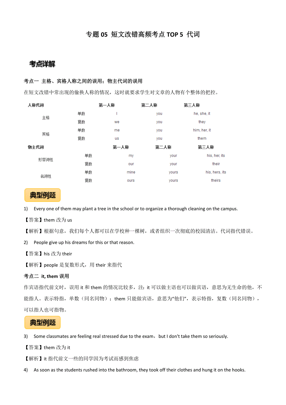 2020年高考英语短文改错高频考点5：代词附答案_第1页