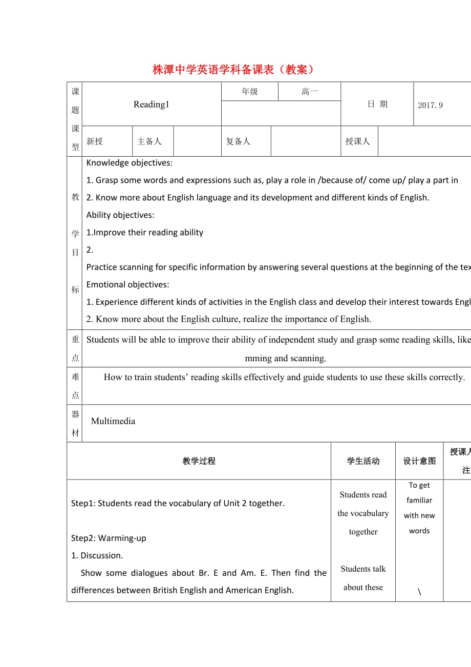 江西省万载县株潭中学人教高中英语必修一教案：Unit 2 English around the world Reading1 .doc_第1页