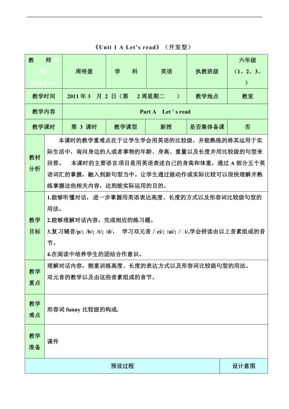 六年级下册英语教案Unit1 PartA Let's read人教PEP_第1页