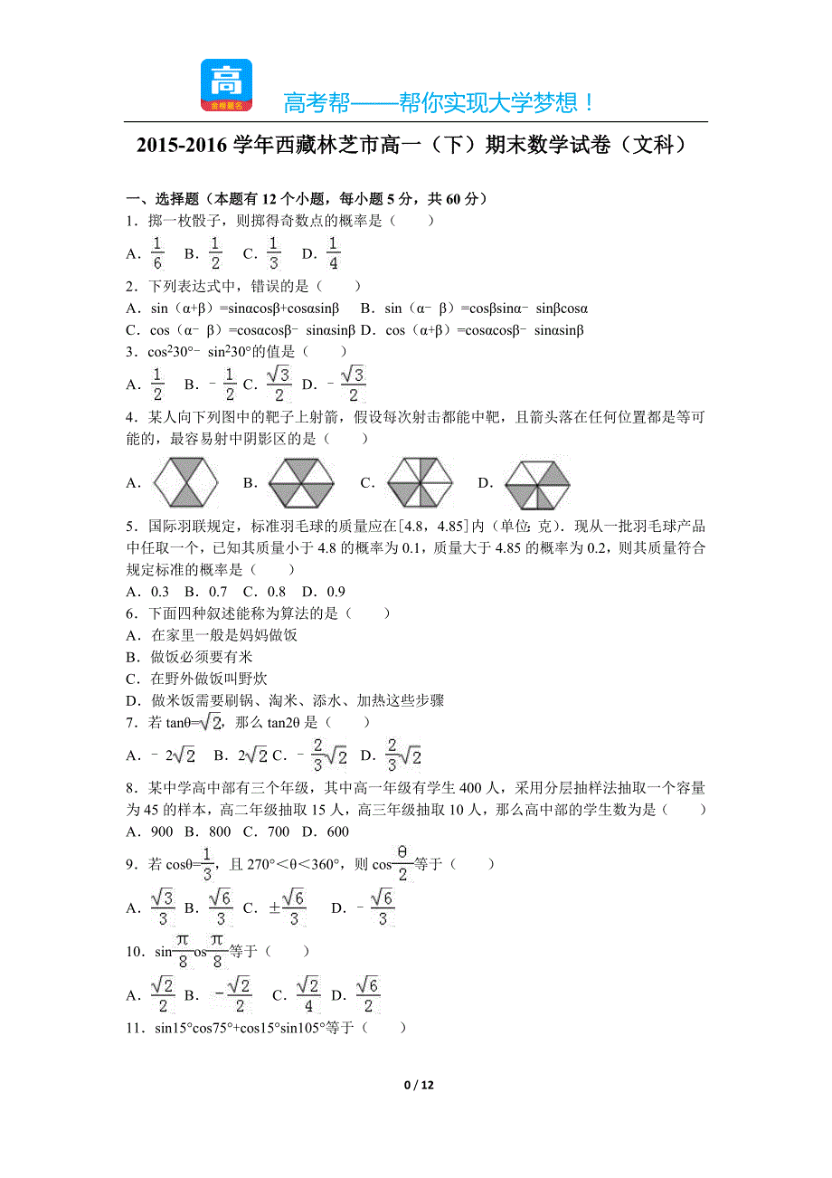 西藏林芝市高一下期末考试试卷数学试卷文科_第1页