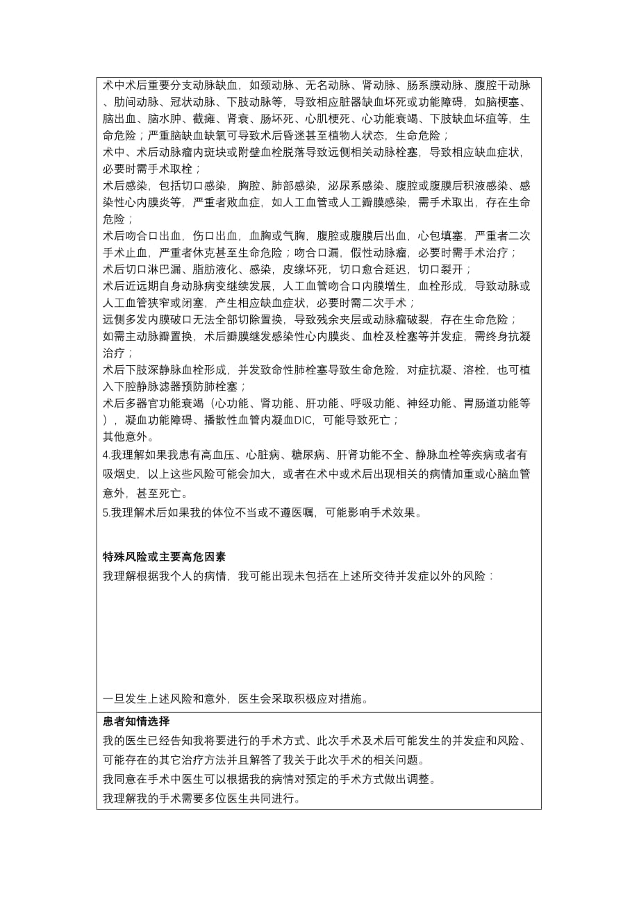 升主动脉、主动脉弓、降主动脉人工血管置换术弓部分支动脉重建备冠状动脉重建、主动脉瓣置换术（体外循环下）知情同意书_第2页