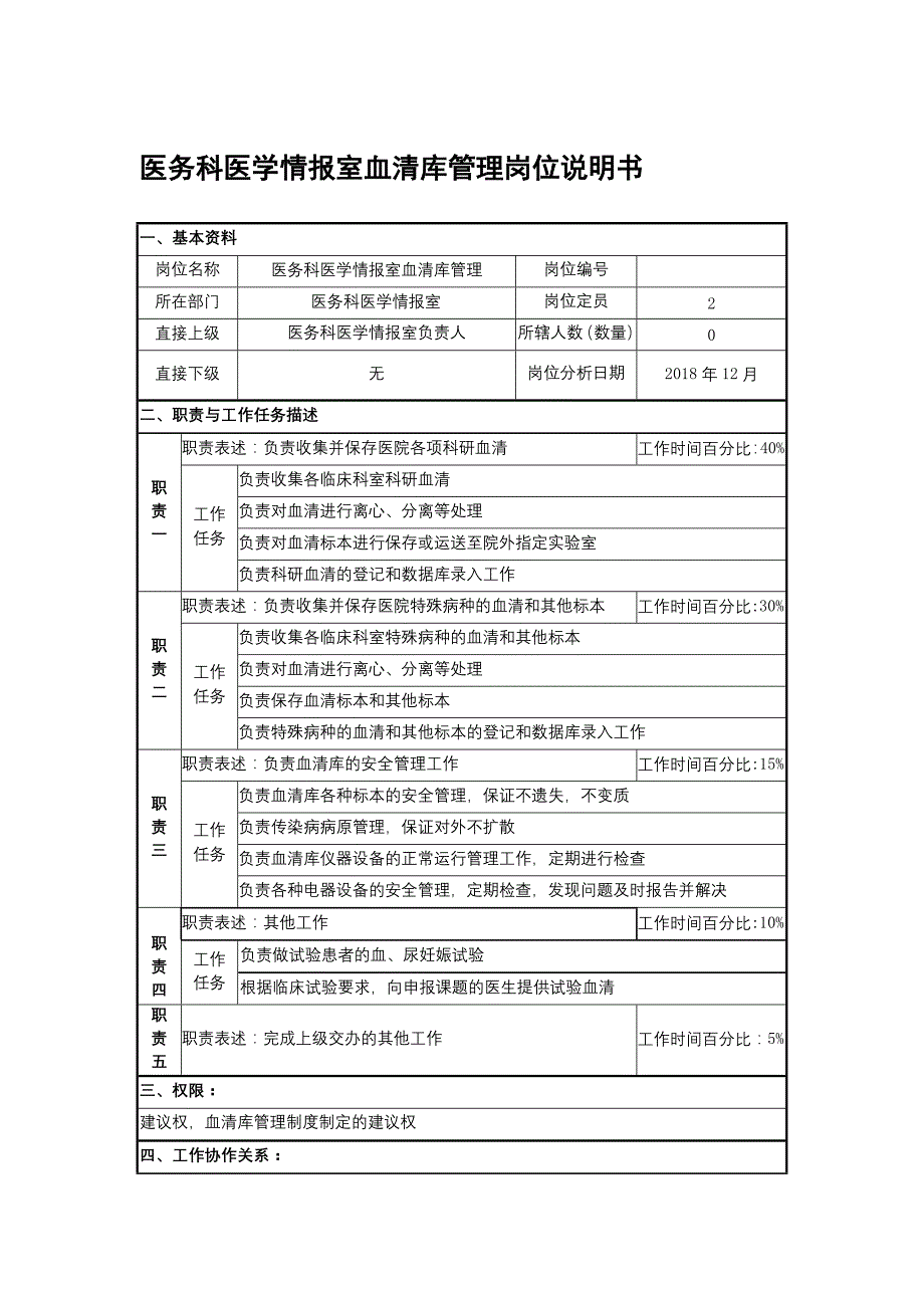 医务科医学情报室血清库管理岗位说明书【地坛医院】_第1页