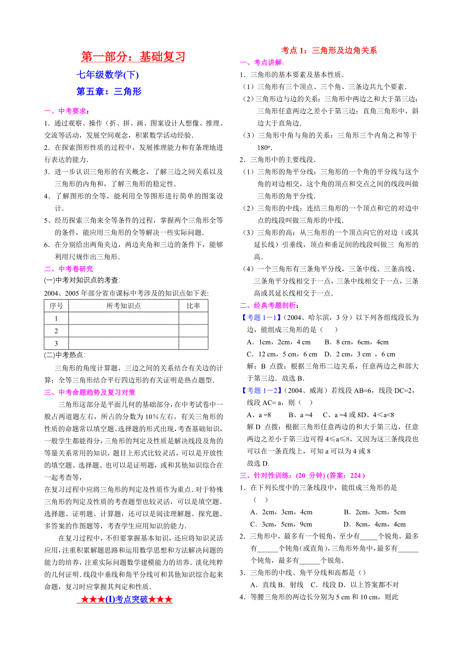 中考基础复习初一数学下学期第五章三角形试题_第1页