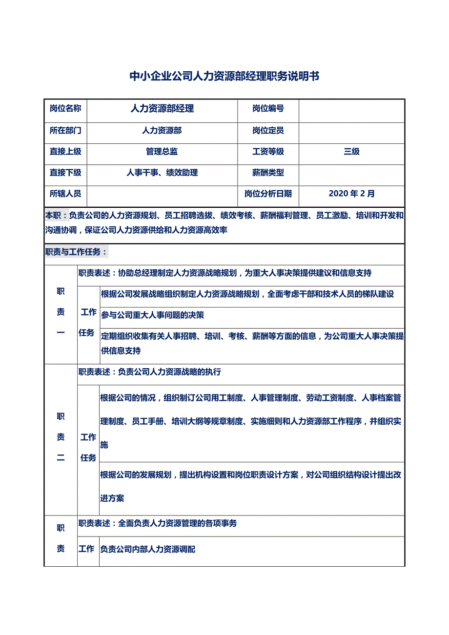 中小企业公司人力资源部经理职务说明书_第1页