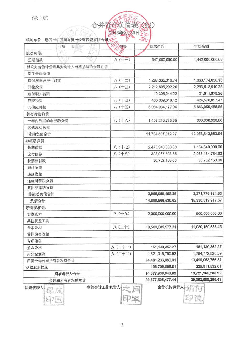 泰兴市中兴国有资产经营投资有限公司2018年三季度财务报表_第1页