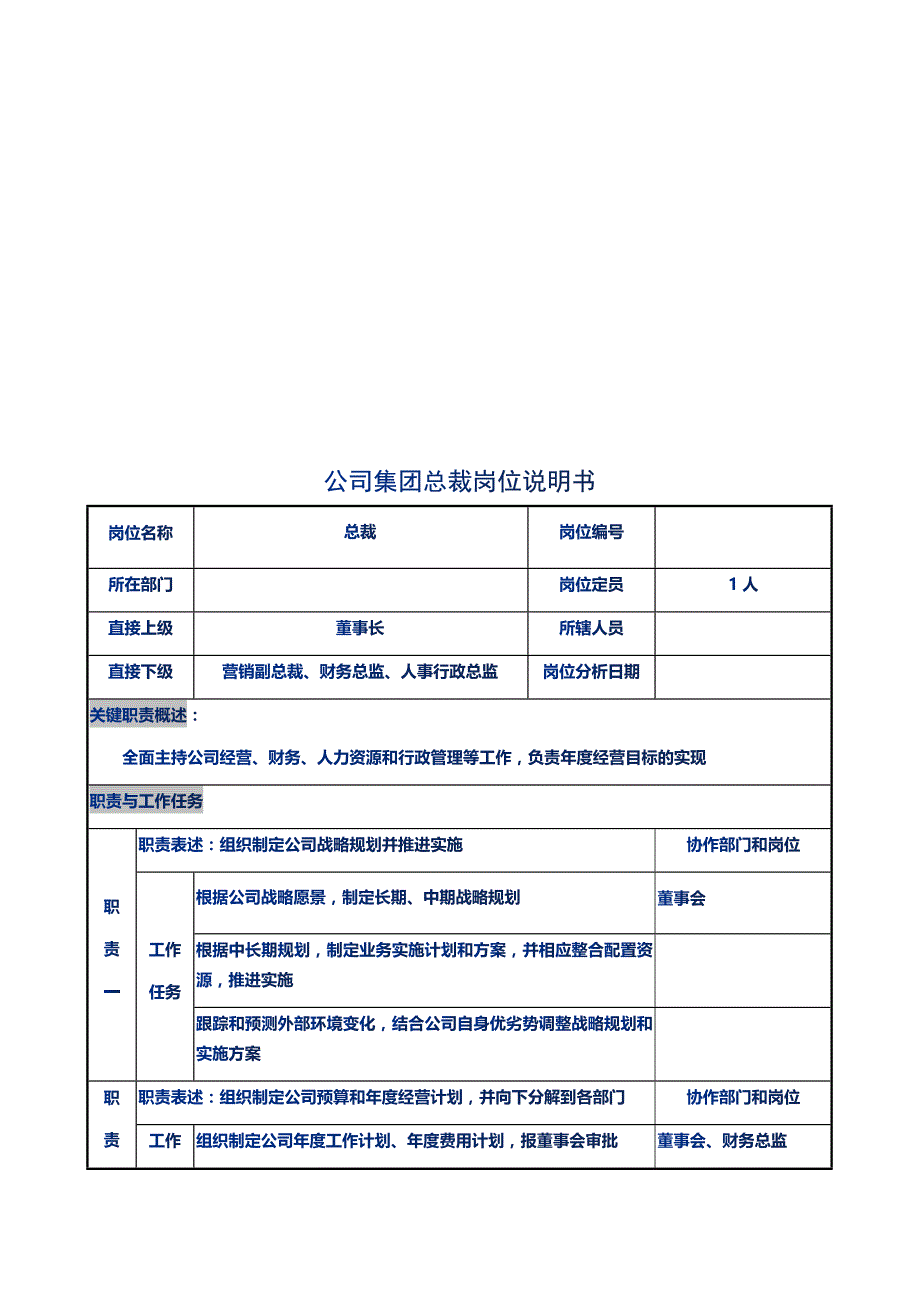 优秀企业核心人力资源管理体系（高层）职务说明书_第2页