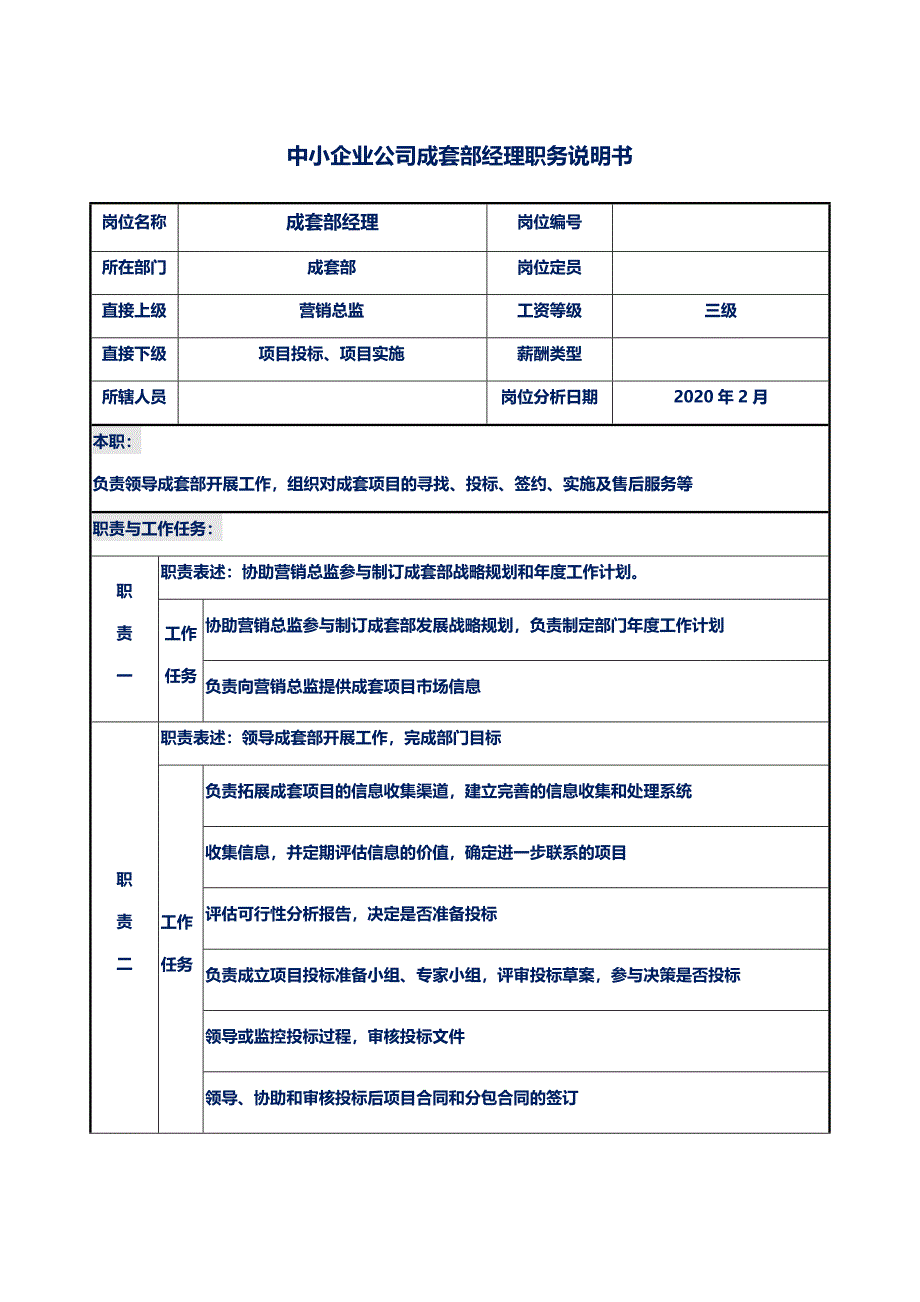 中小企业公司成套部经理职务说明书_第1页