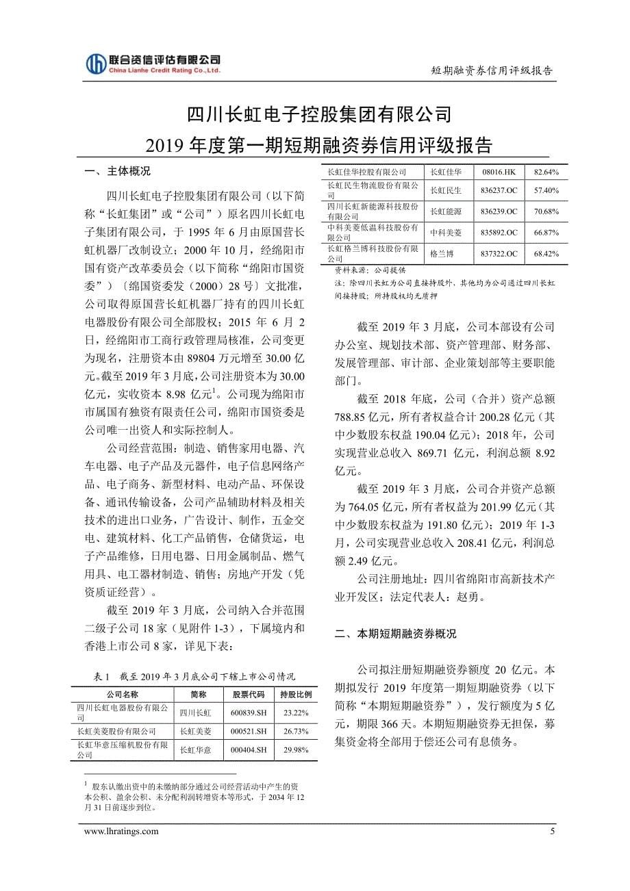 四川长虹电子控股集团有限公司2019第一期短期融资券债项信用评级报告及跟踪评级安排_第5页