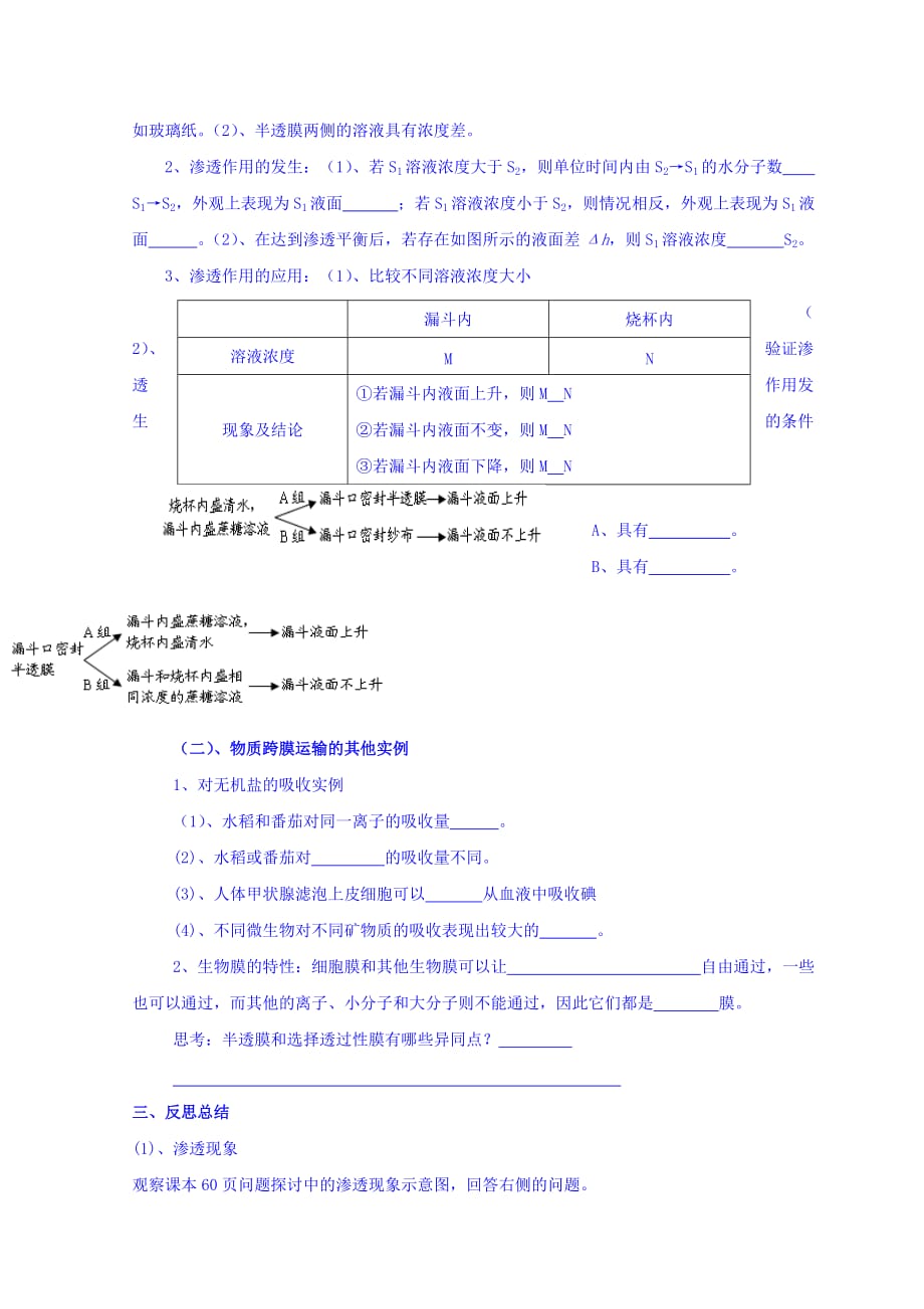 湖北省十堰市第二中学高中生物必修一人教导学案：4.1 物质跨膜运输的实例 .doc_第2页