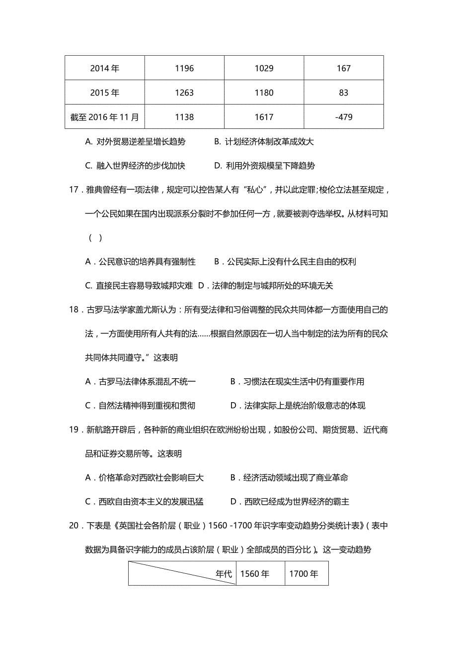 湖北省武汉市江夏实验高级中学高二下学期期中考试历史试题 Word缺答案.doc_第5页