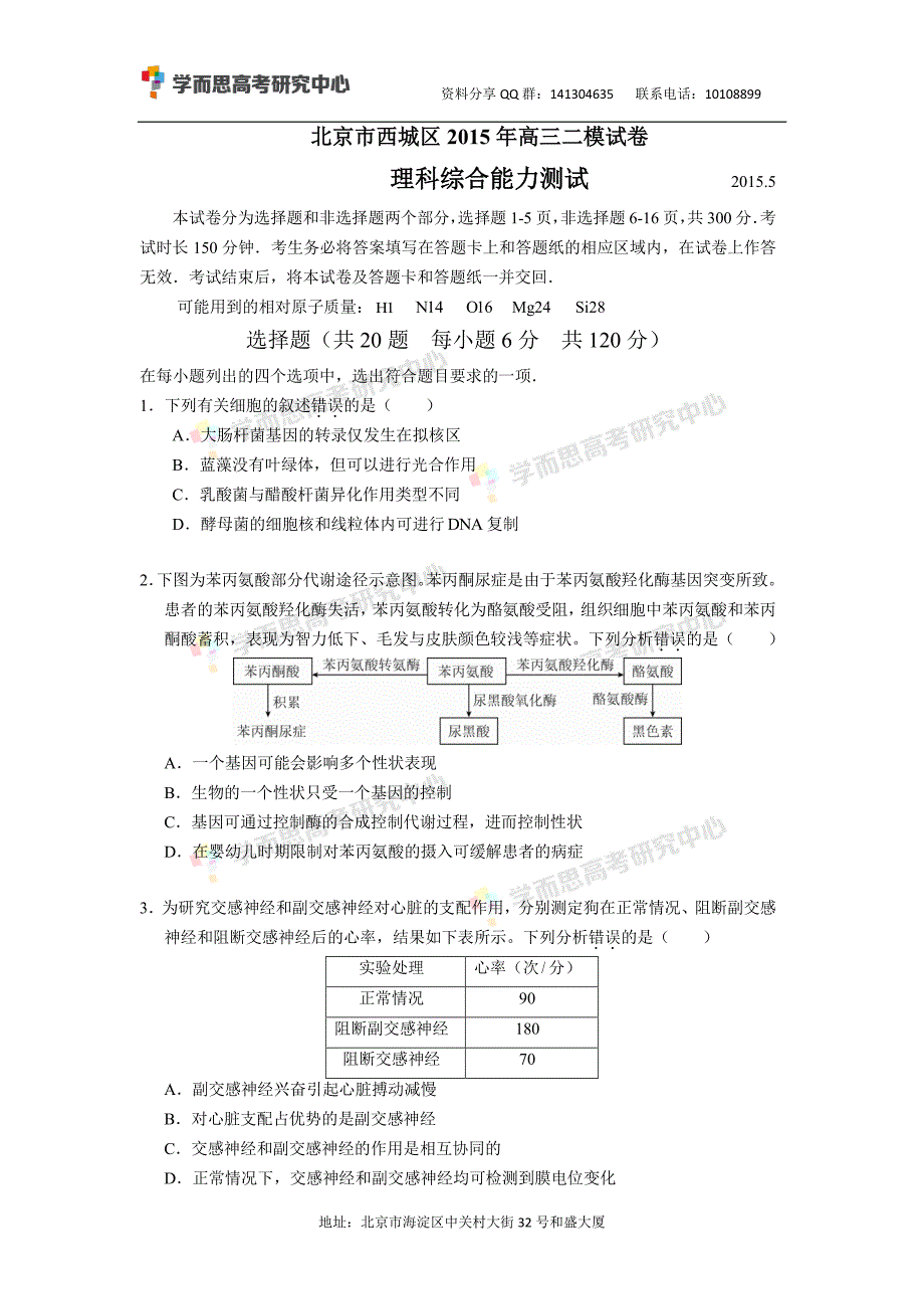 历年高考真题——北京西城高三二模理综试卷_第1页